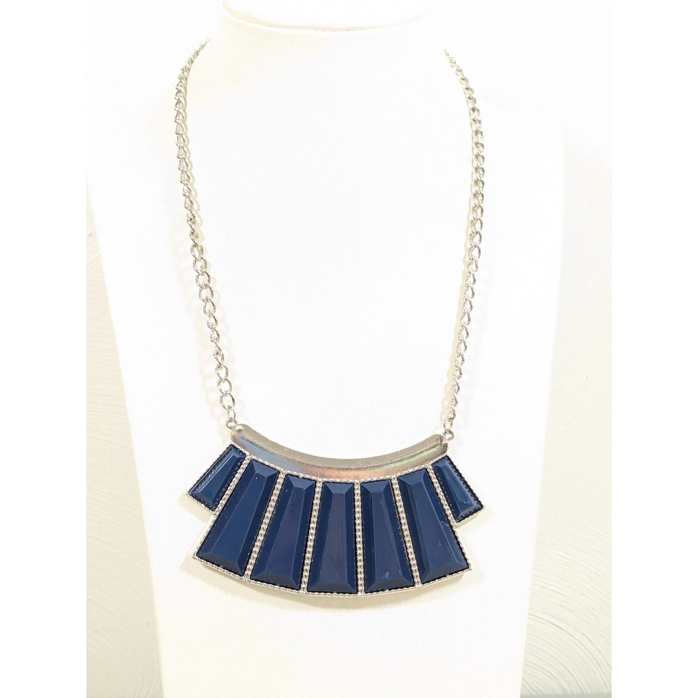 Western Blue Panel‎ Crescent Bar Statement Necklace Silver Tone 20 in